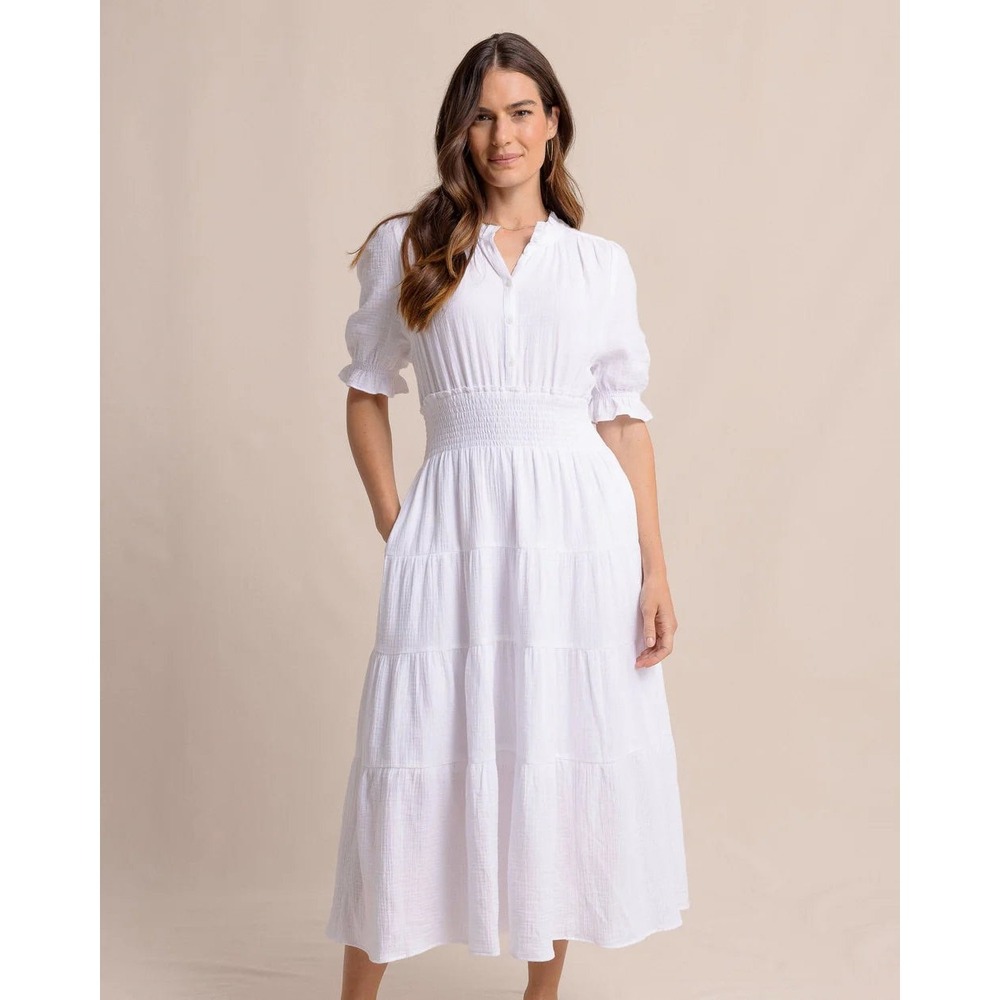 Southern Tide Christa Maxi Dress White Smocked Gauze Tiered Puff Sleeve Large
